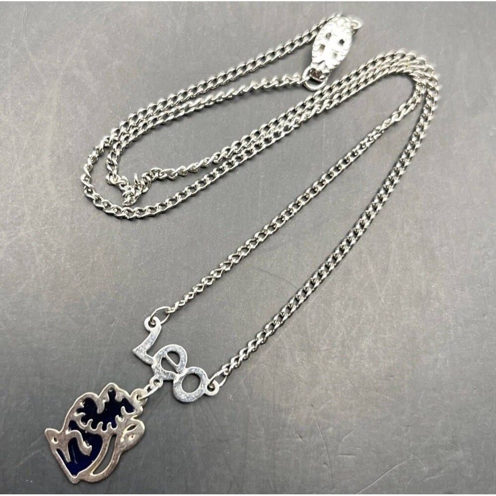 Leo Lion Pendant Necklace Dainty Silver Tone Blue Zodiac Astrology Sign Vintage